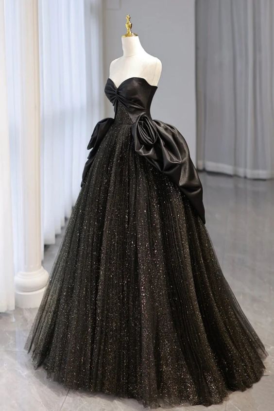 Shiny Black Tulle Strapless Long Prom Dresses, Black Tulle Formal Evening Dresses