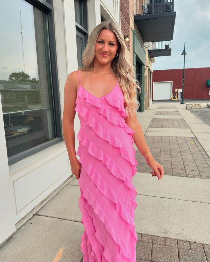 Pink Chiffon Ruffle Party Dress Long Prom Dress