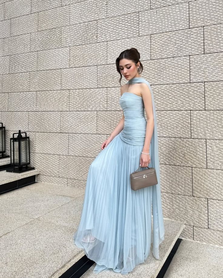 Light Sky Blue Long Prom Dress Evening Party Dresses With Scarf