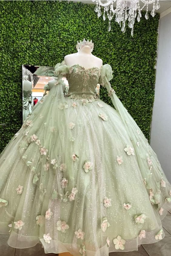 Shiny Light Sage Green Princess Dress with Flowers, Ball Gown Sweet 16 Dress