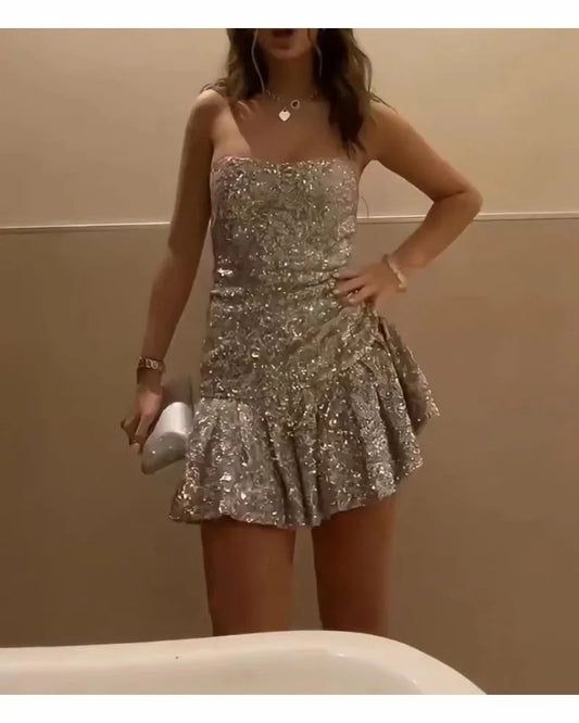 Vintage Sheath Strapless Layered Ruffle Mini Dresses Sequin Homecoming Dress