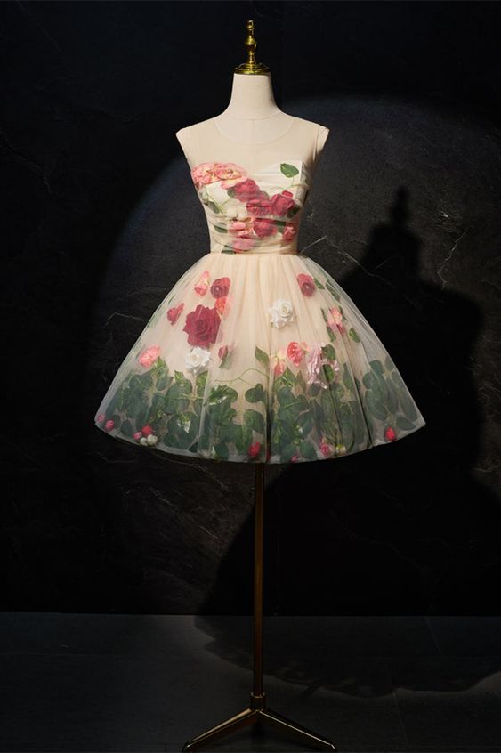 Cute Scoop Neck Short Prom Dress with Flowers, A-Line Party Dress