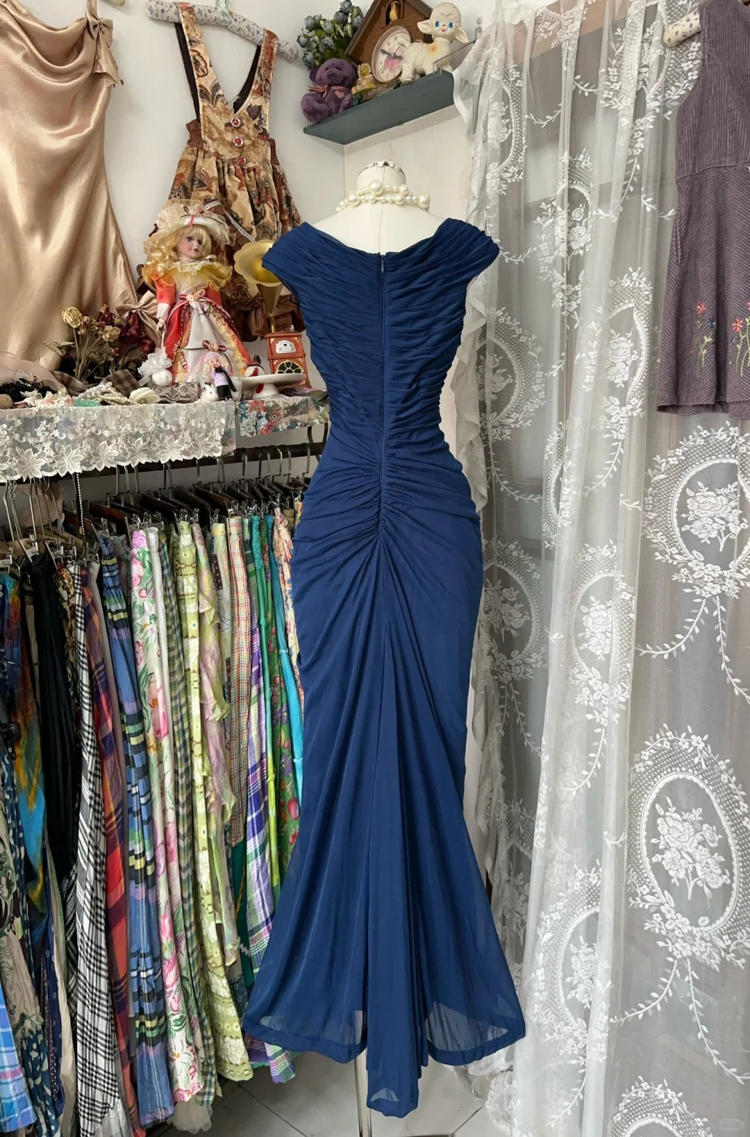 Navy Blue Mermaid Pleats Vintage Prom Dress Long Evening Dress