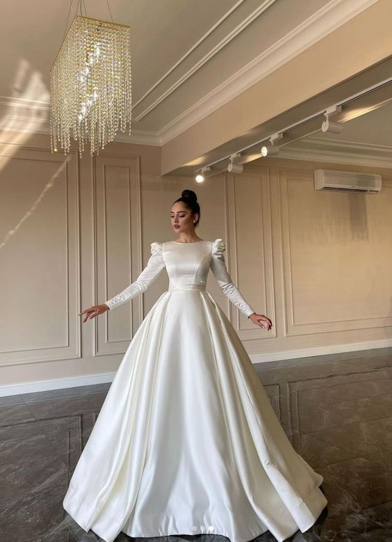 Simple wedding dress with sleeves, satin ball gown