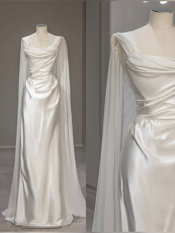 White Satin Pleats Straps Wedding Dress