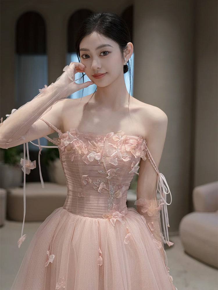 A Line Pink Long Formal Dress Tulle Evening Dresses