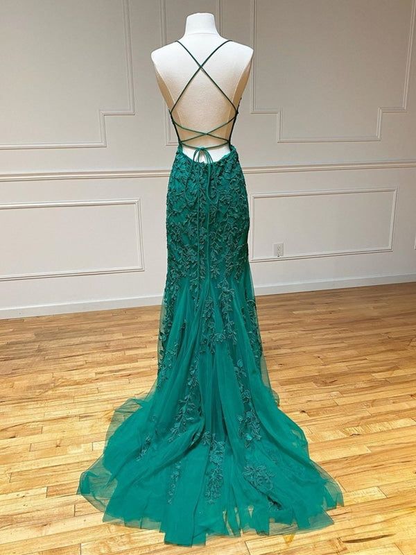 Mermaid Backless Green Lace Long Prom, Mermaid Green Formal, Green Lace Evening Dress