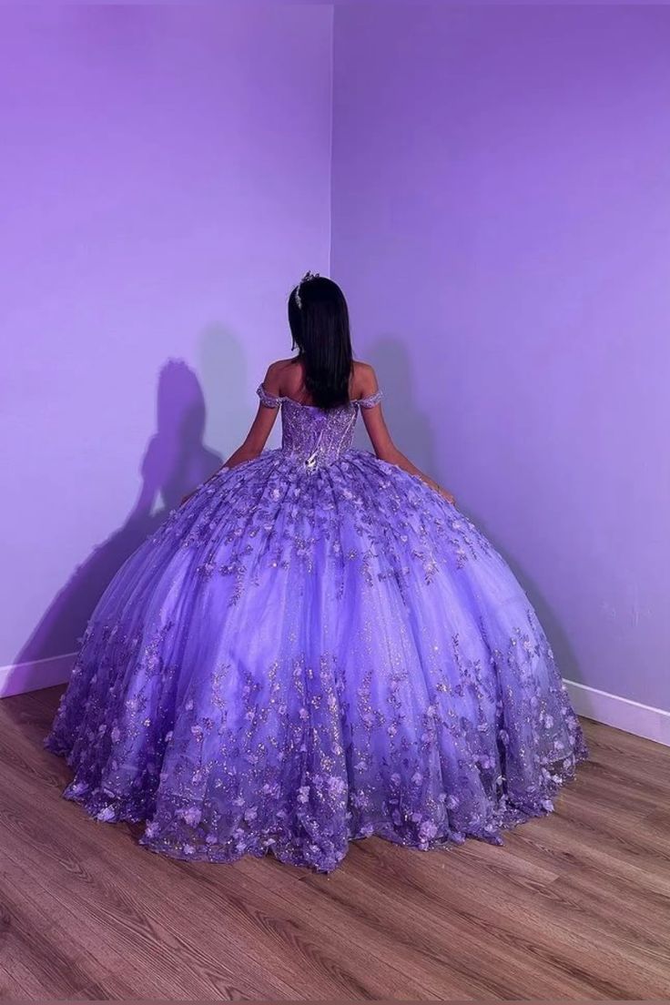 Purple Shiny Puffy Princess Quinceanera Dresses Off Shoulder Beads 3D Floral Gillter Sequins Lace-up Corset Vestidos 15 anos rosa