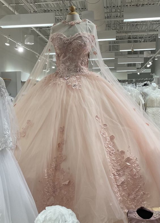 Glamorous Pink Tulle Lace Ball Gown,Pink Sweet 16 Dress