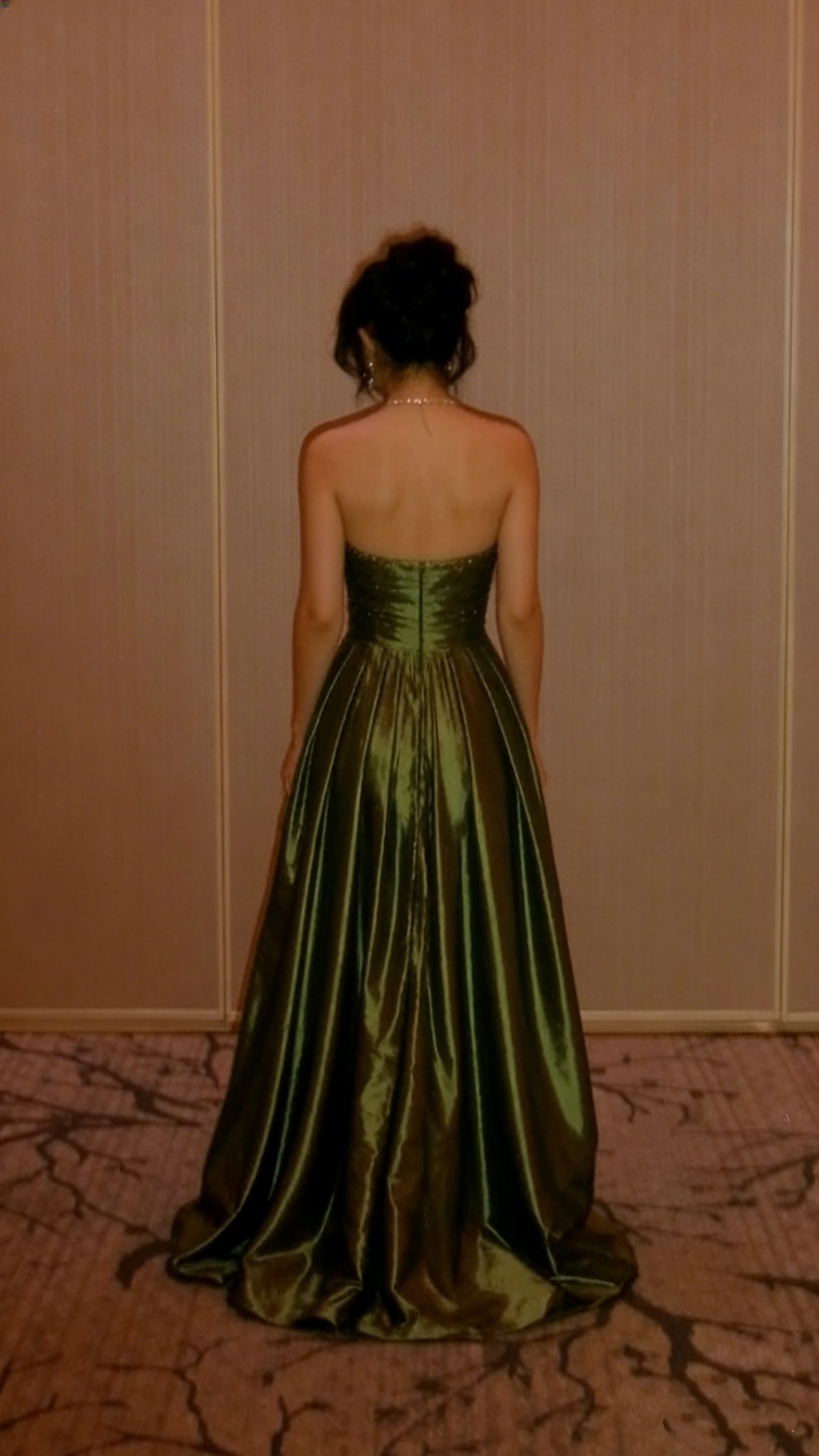 Elegant Olive Green Strapless Satin Sequin Long Birthday Party Dress Evening Gown