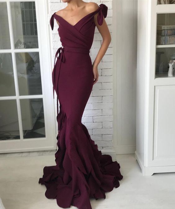 V-Neck Off Shoulder Evening Gown with Elegant Bow Tie at Waist