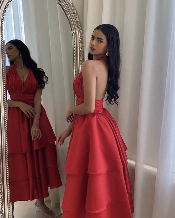 Elegant Short Satin Halter Evening Dresses Muslim Backless A-Line Red Dress Formal Dress Pleated Tea Length Gowns