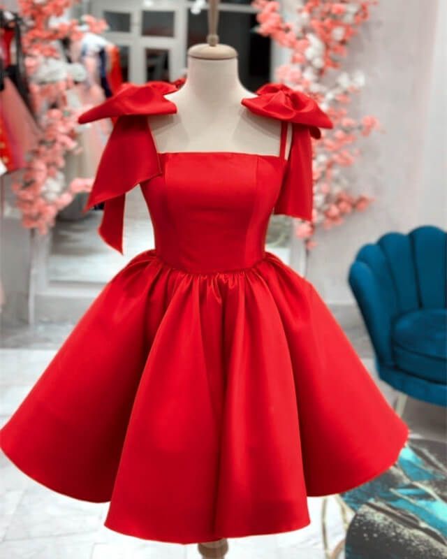 Short Satin Bow Straps Mini Dress Short Prom Party Dress