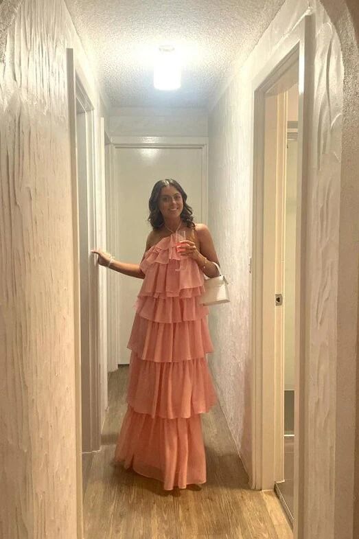 Halter Pink Layer Long Prom Dress Chiffon Birthday Dress