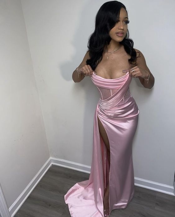 Stapless Prom Dresses Thigh-High Slits Pleats Beading Birthday Outfits Evening Dress