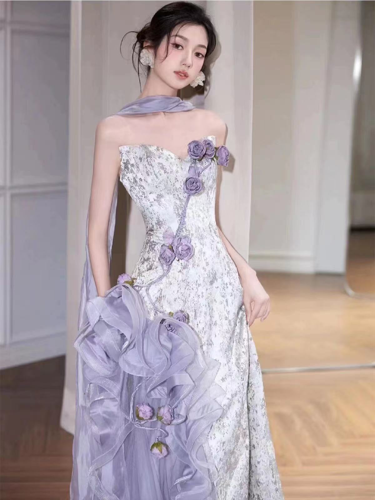 Lilac Strapless Long Prom Dresses Vintage Formal Evening Dress