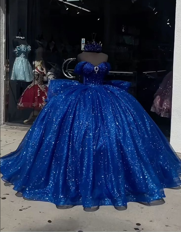 Royal Blue Quinceanera Dresses Off the Shoulder Shinny Tull Sweet 16 Vestidos
