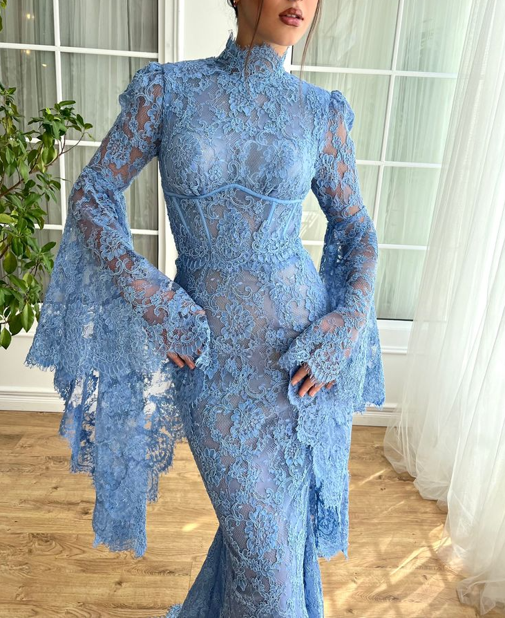 High Neck Mermaid Evening Dress for Women Flare Sleeves Blue Lace Long Prom Dresses