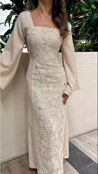 Square Neck Long Sleeves Prom Dresses Formal Evening Dress