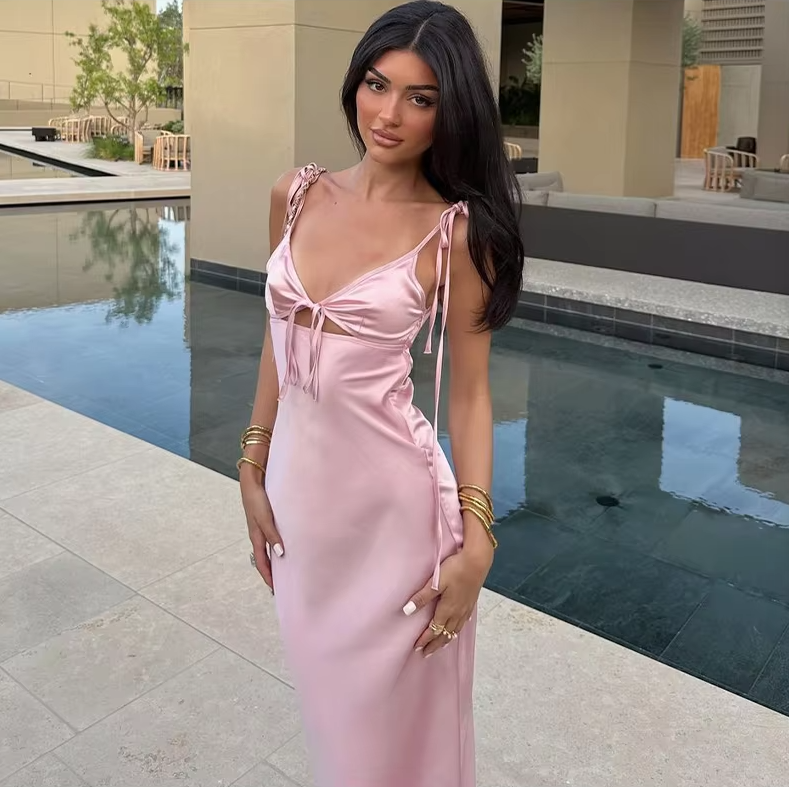 Elegant Satin Maxi Dress for Women, Sexy Party Dress
