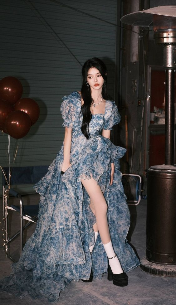 Beautiful High Low Blue Chiffon Floral Prom Dress Fairy Long Evening Dress