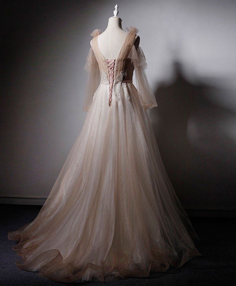Champagne v neck tulle lace long prom dress champagne evening dress