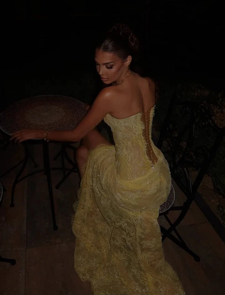 Elegant Pale Yellow Mermaid Strapless High-Slit Lace Long Prom Dress Evening Dress