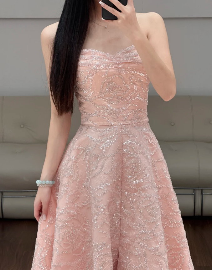 Sequin Lace Pink Prom Party Dress Evening Dress Birthday Dress