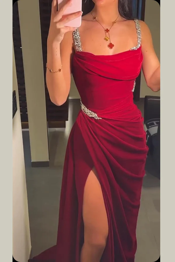 Fashion Burgundy Mermaid Pleated Prom Dress Slit Party Evening Gown