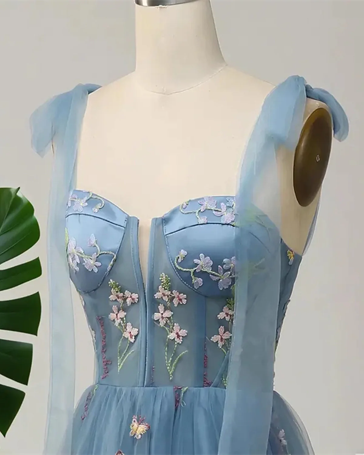 Blue Floral Embroidery Tulle Prom Dress, A-Line Fairy Gown Blue Party Dress