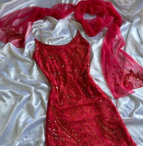 Luxurious Spaghetti Straps Beaded Red Party Dress Sexy Mermaid Chiffon Prom Dress