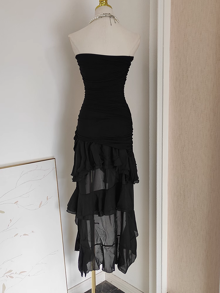 Sexy High Low Strapless Black Chiffon Ruffles Vacation Dress Women Dresses
