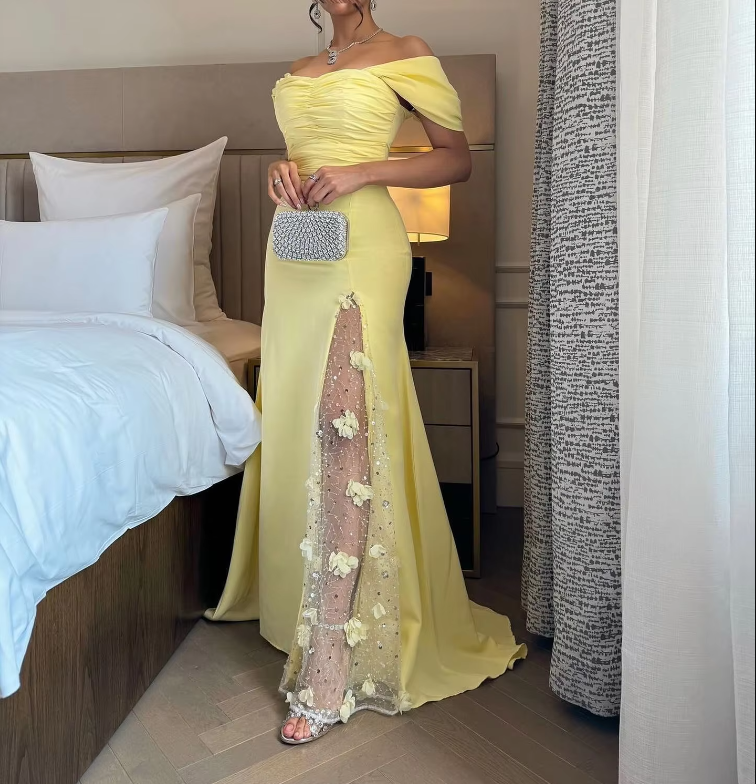 Elegant Prom Dresses Long Yellow Evening Dress Off Shoulder Formal Wedding Party Dress