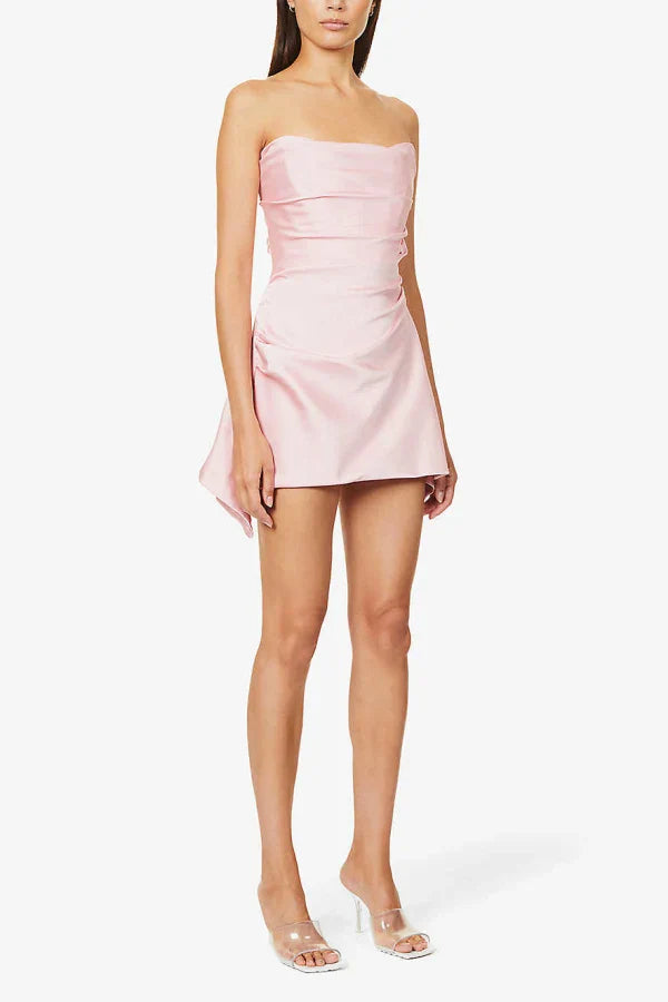Simple Sheath Strapless Pink Short Tight Homecoming Dresses With Ruffles