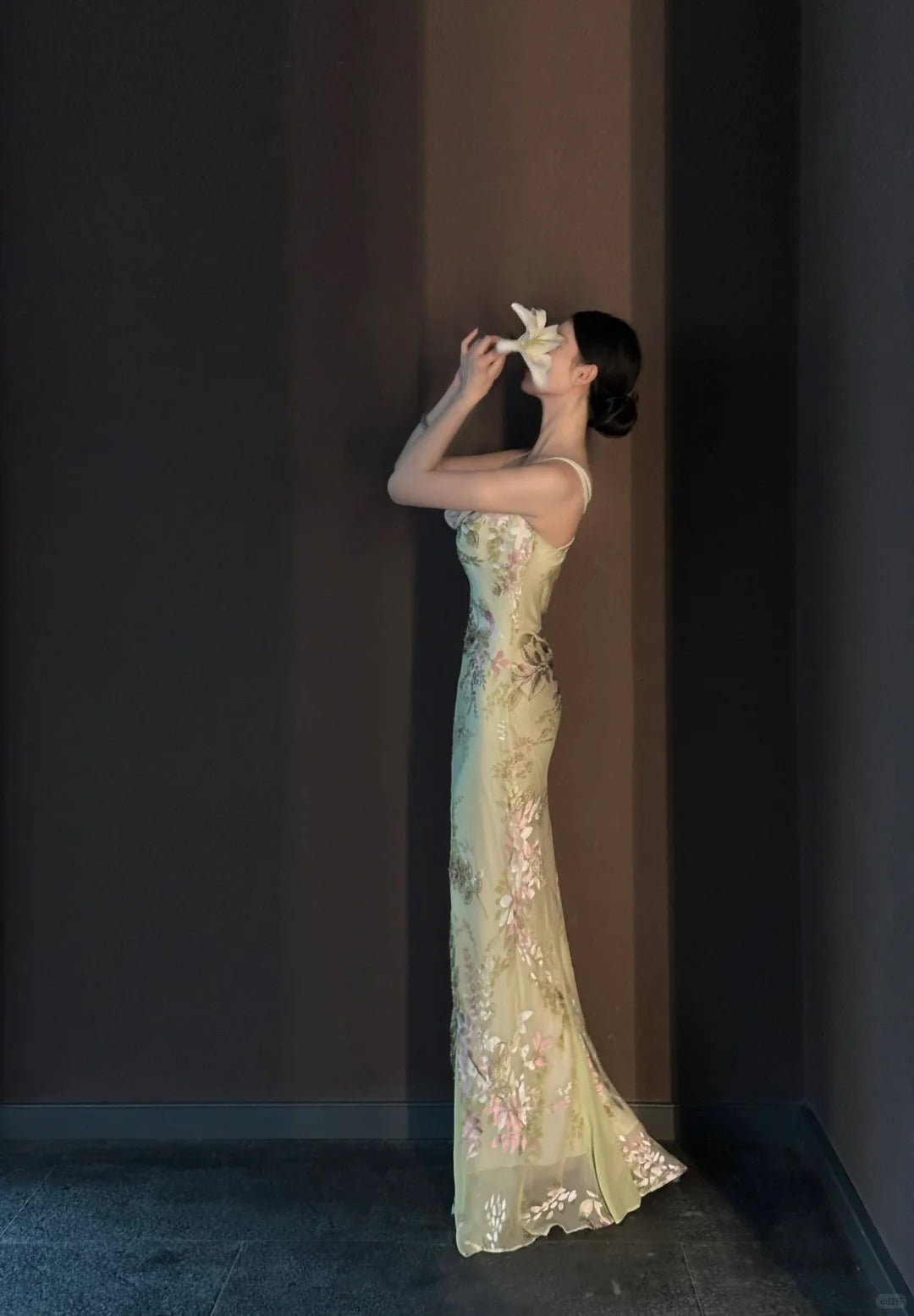 Vintage Light Green Printed Mermaid Strap Chiffon Long Prom Dress Evening Dress