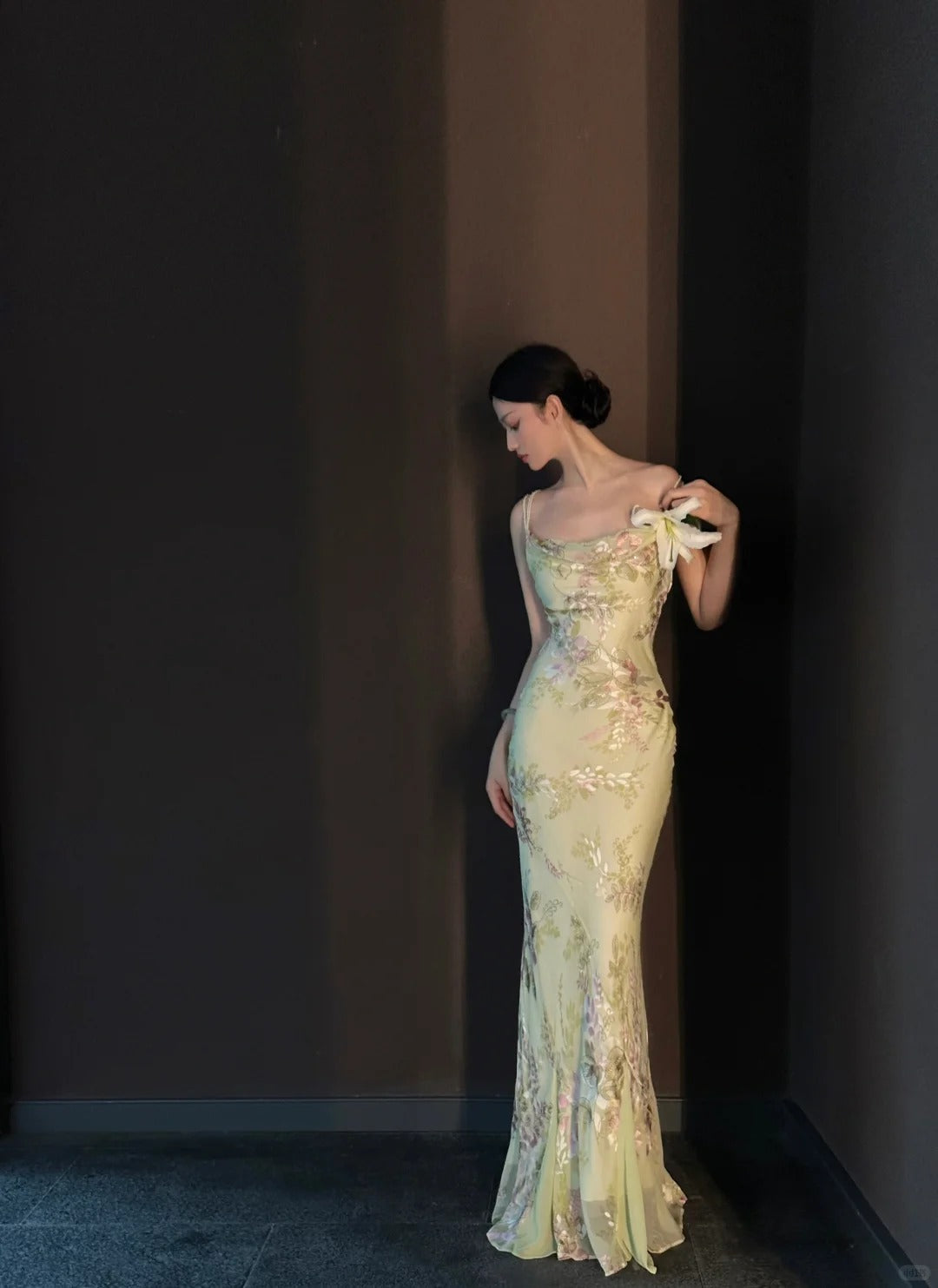 Vintage Light Green Printed Mermaid Strap Chiffon Long Prom Dress Evening Dress