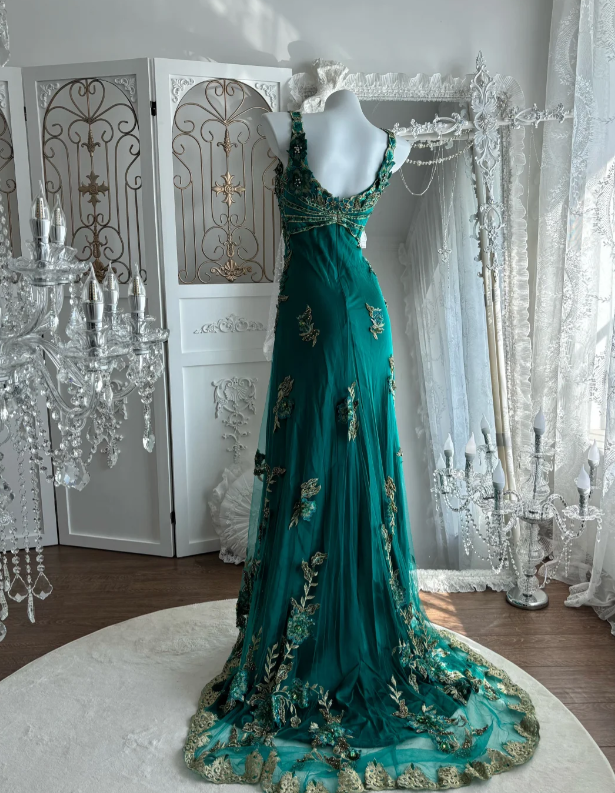Vintage Green Lace Prom Party Dress Satin Evening Dress
