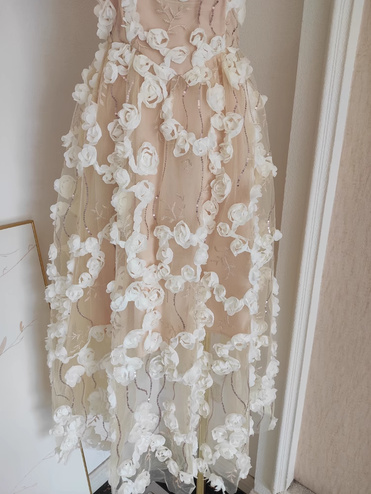 Sexy A line Spaghetti Straps White Satin Floral Dinner Party Dresses Birthday Outfits