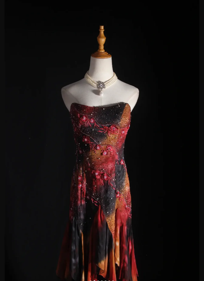 Vintage Embroidered Floral Chiffon Ruffle Mermaid Evening Dress Strapless Long Party Dress