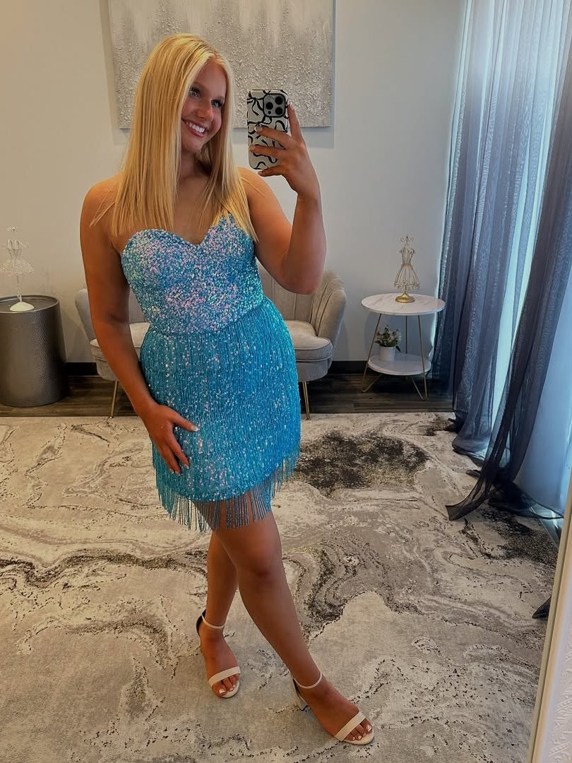 Sparkly Sheath Sweetheart Blue Sequins Short Homecoming Dress with Tassel