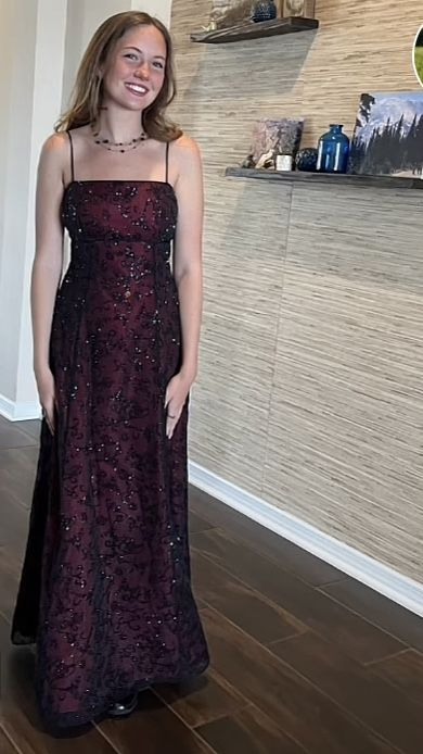 A Line Spaghetti Straps Burgundy Sequin Long Prom Dresses Evening Dress