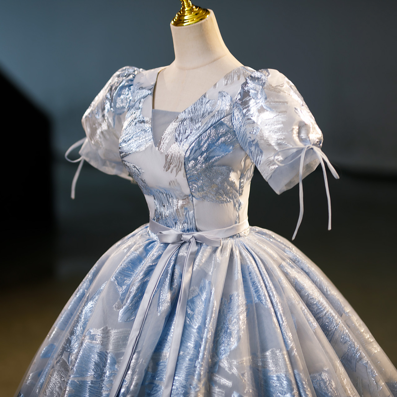 Elegant Blue Satin Print Princess Quinceanera Dress A Line Ball Gown