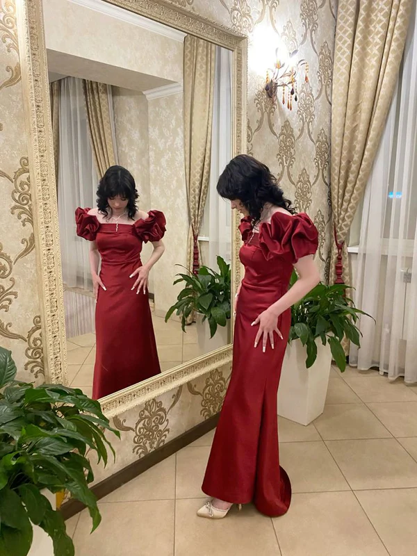 Red Satin Mermaid Prom Dress Puff Sleeves Party Evening Dress