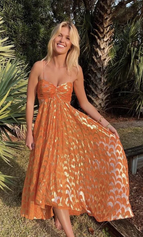 Chic Orange Long A Line Prom Dress Spaghetti Straps Evening Party Gown