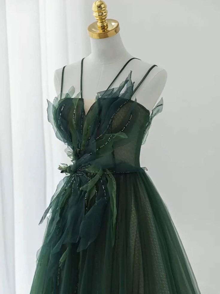 Ball Gown Spaghetti Straps Floor Length Dark Green Long Prom Dresses