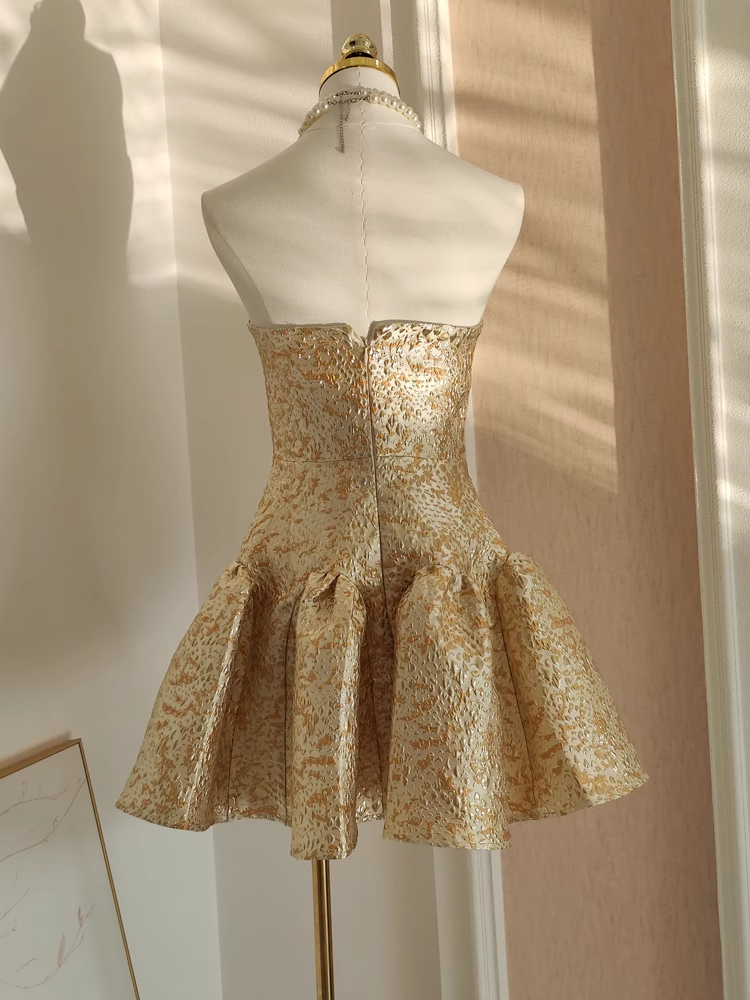 Cute Ball Gown Strapless Travel Vacation Dresses Short Satin Gold Birthday Dress