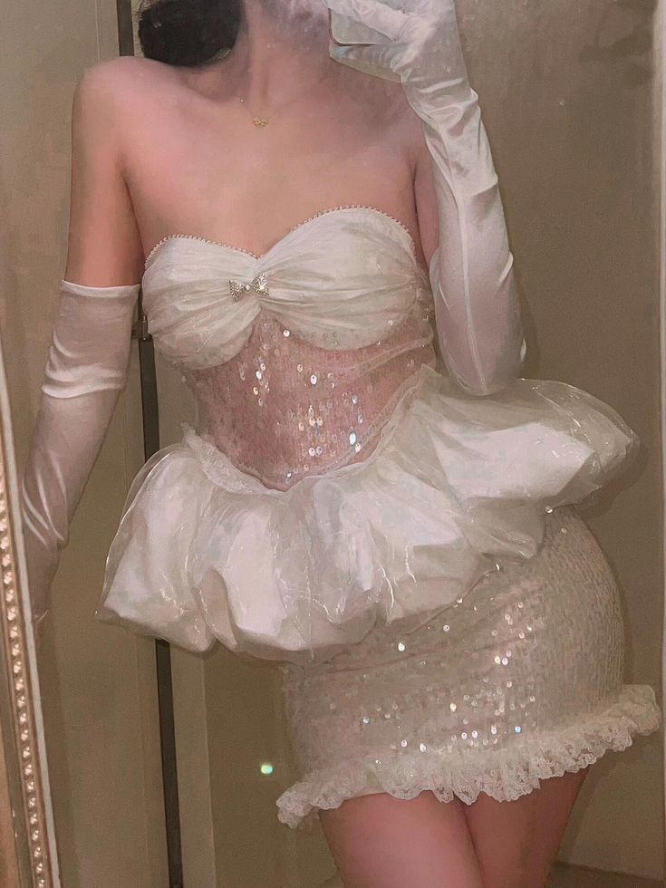Classy Strapless Tulle Sequin White Sheath Short Prom Dress 16th Birthday Outfits
