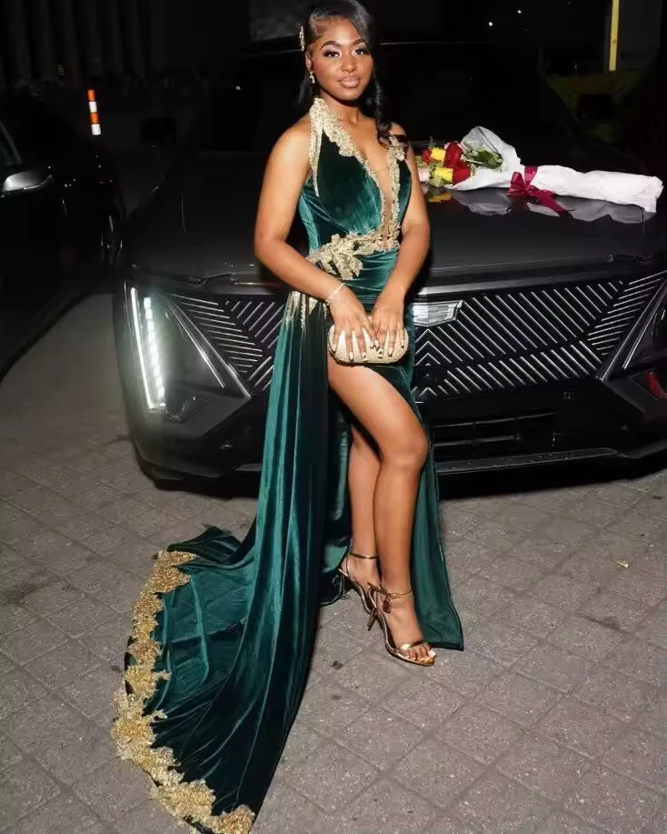 Sexy Halter Velvet Lace Appliques Evening Dress,Green Slit Party Dress Evening Gown
