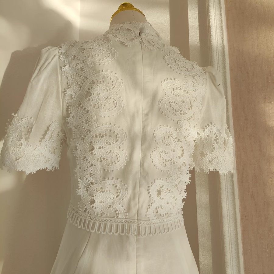 Cute A line High Neckline Short Sleeves Lace White Party Dress Chiffon Holiday Dresses