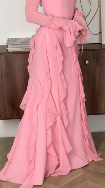 Pink Chiffon Ruffles Long Party Evening Dress
